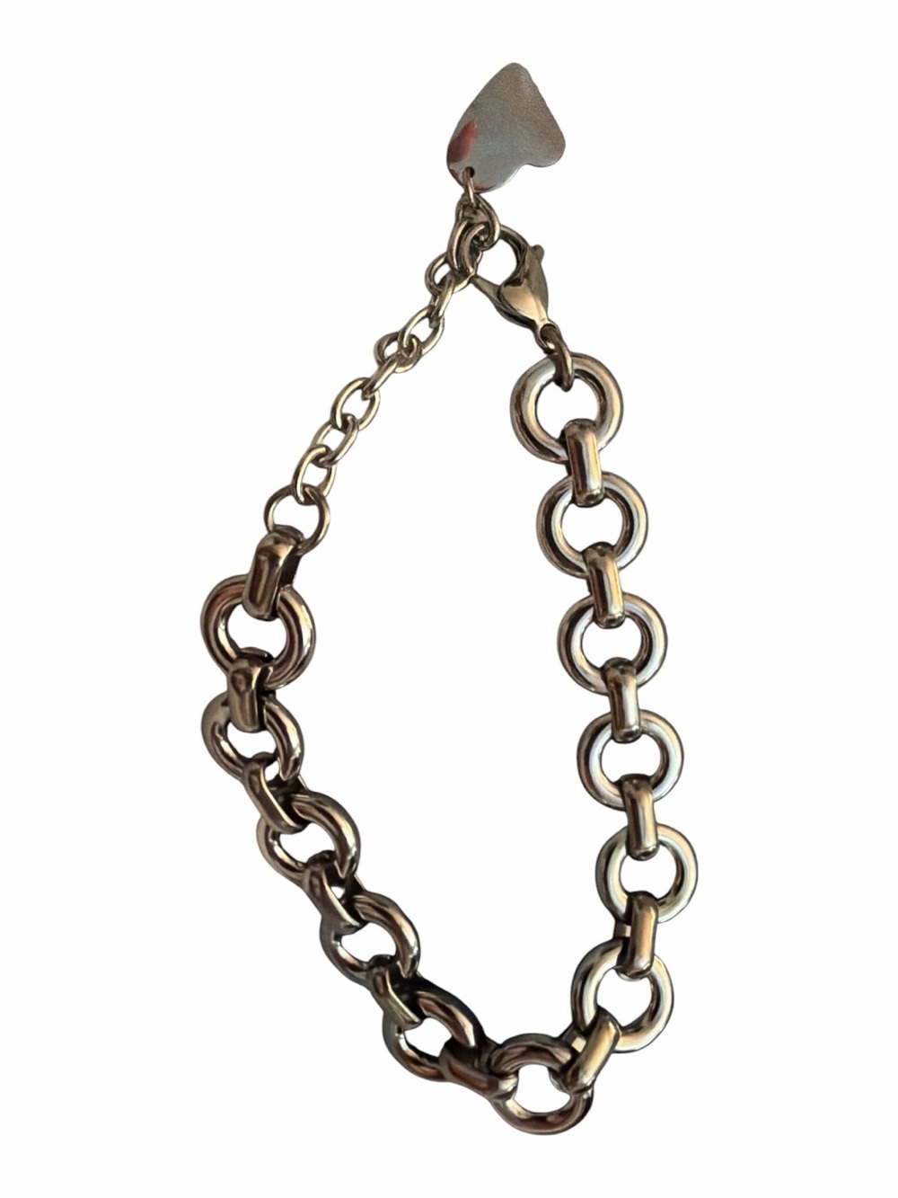 Chunky Silver Tone Link Chain Bracelet Heart Charm